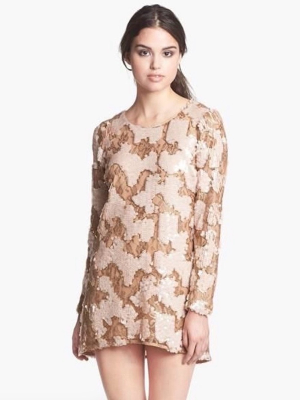 Dress the Population Blush and Tan Sequin Long-Sleeve Shift Dress